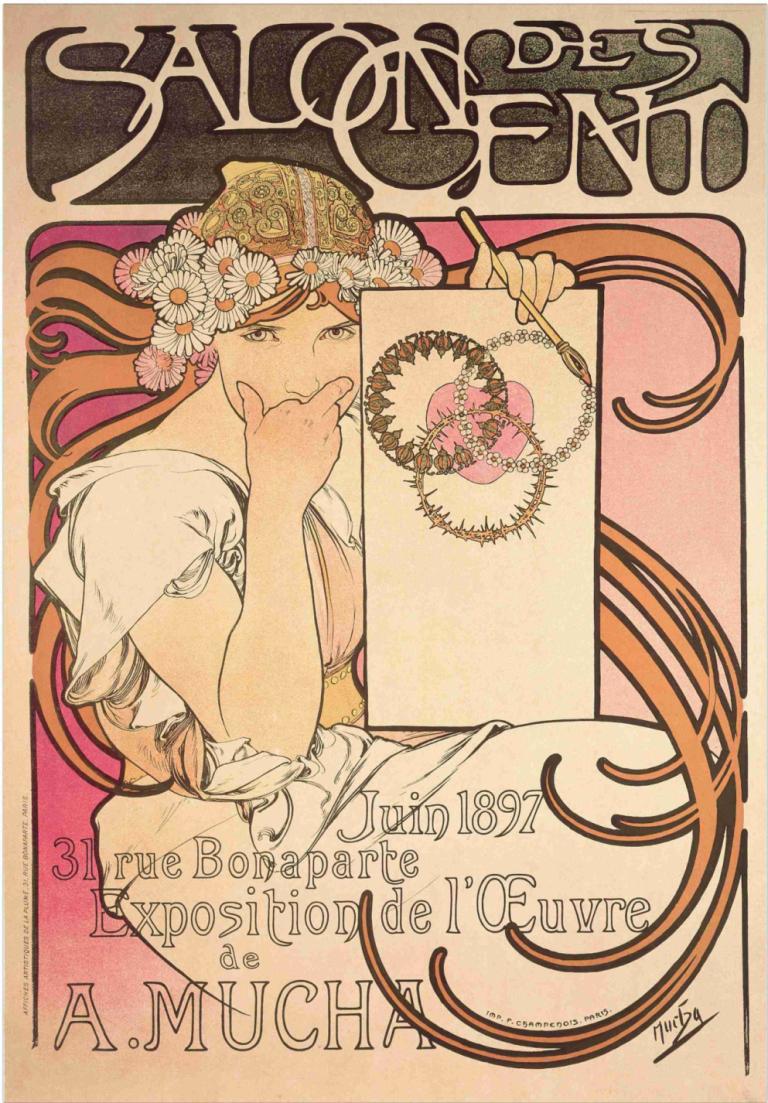 Salon des Cents exhibition,Alphonse Mucha,Illustration,Illustration, 1girl, solo, flower, holding, long hair