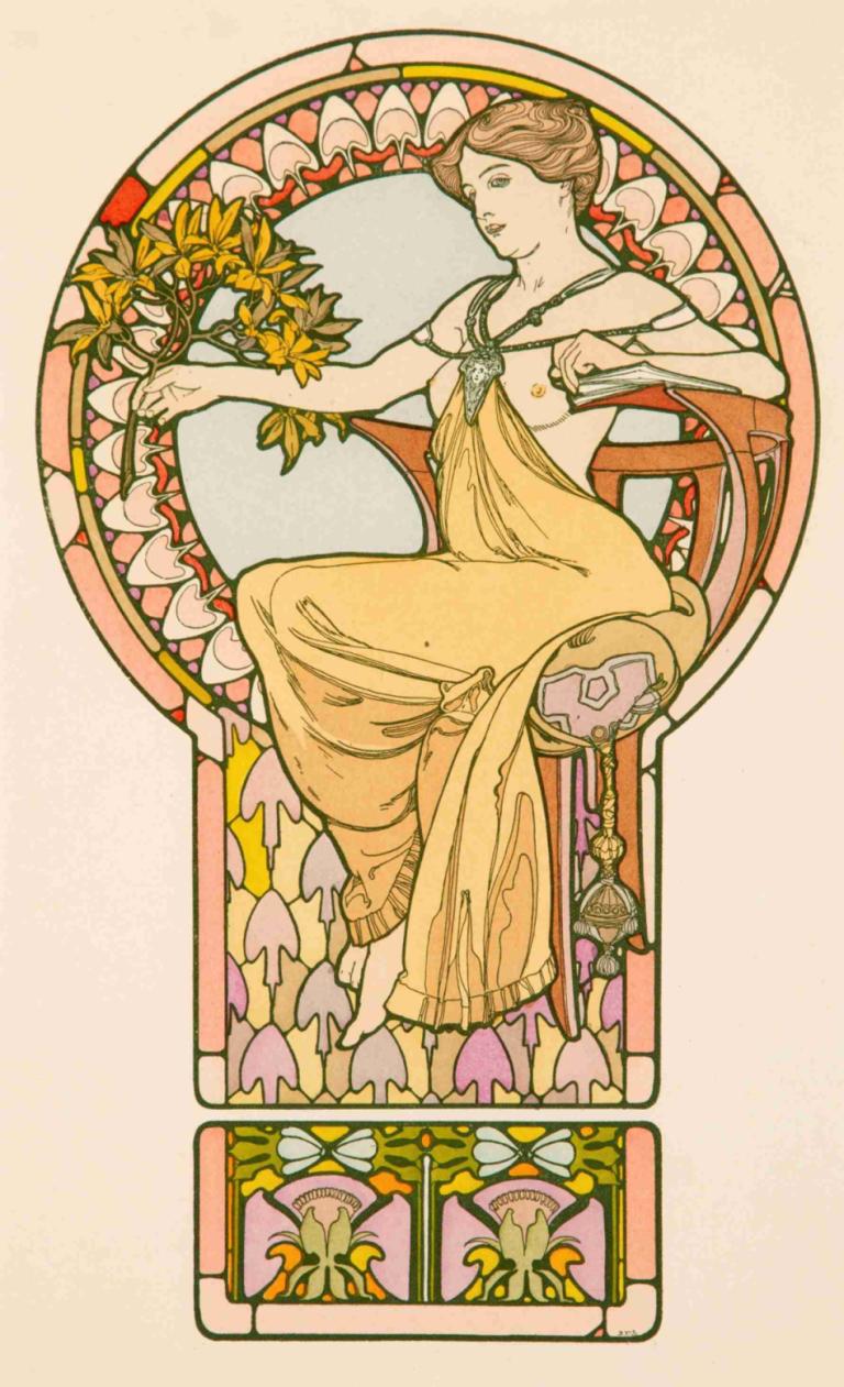 Seated Woman, plate no. 48 from Documents Décoratifs,Alphonse Mucha,Illustration,Illustration, art nouveau