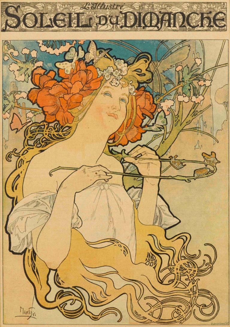 Soleil du Dimanche,Soarele de duminică,Alphonse Mucha,Ilustrație,Ilustrație, 1 fata, floare, par lung