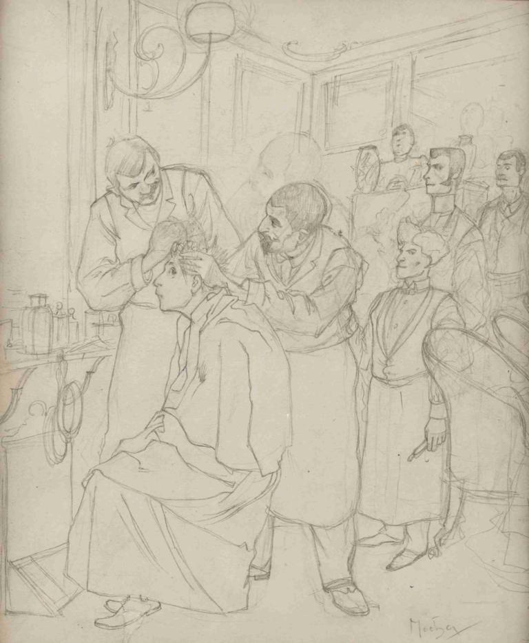 Study for Premier Shampooing d'Absalon,Belajar untuk Keramas Premier d'Absalon,Alphonse Mucha,Sketsa,Sketsa