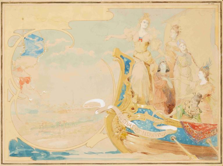 Study for a Mural,Alphonse Mucha,Illustration,Illustration, multiple girls, multiple boys, watercraft, boat