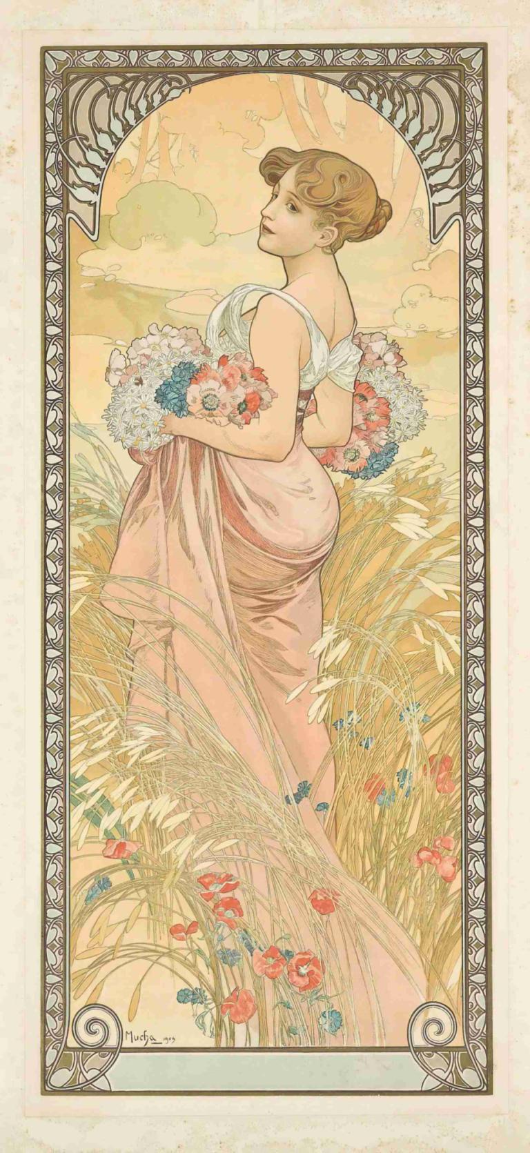 Summer,Buzzer,Alphonse Mucha,Ilustrație,Ilustrație, 1 fata, floare, solo, rochie, Art Nouveau, păr blond, coc