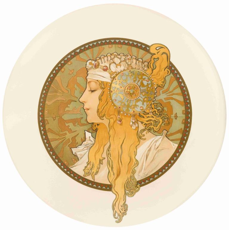 Têtes Byzantines (Blonde),테트 비잔틴(금발),Alphonse Mucha,알폰스 무하,일러스트레이션,일러스트레이션, 독주, 여자 1명, 블론드 헤어, 감긴 눈, 긴 머리, 원