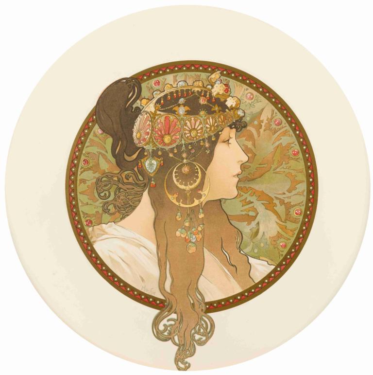 Têtes Byzantines (Brunette),비잔틴 머리(갈색 머리),Alphonse Mucha,알폰스 무하,일러스트레이션,일러스트레이션, 원, 여자 1명, 둥근 이미지, 독주, 프로필