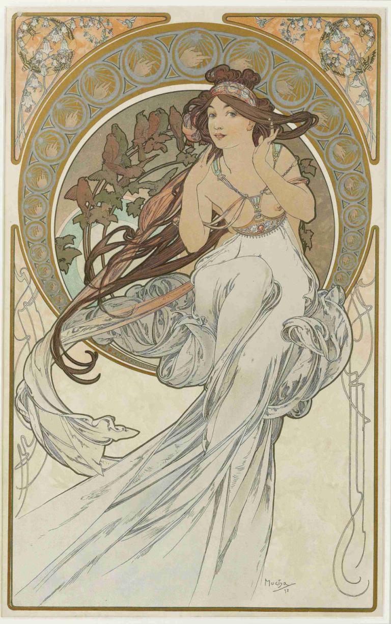 The Arts 1,Alphonse Mucha,Illustration,Illustration, 1girl, art nouveau, solo, long hair, brown hair, dress