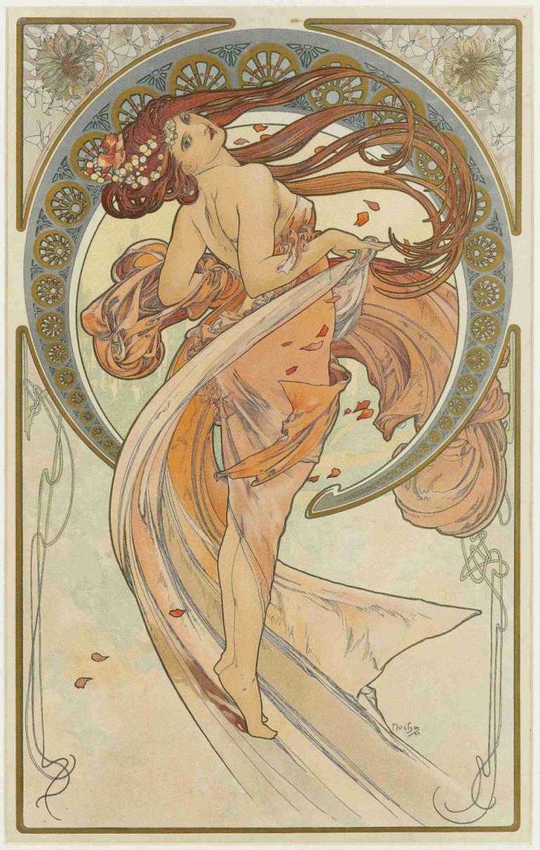 The Arts 2,Alphonse Mucha,Illustration,Illustration, 1girl, art nouveau, long hair, solo, flower, petals