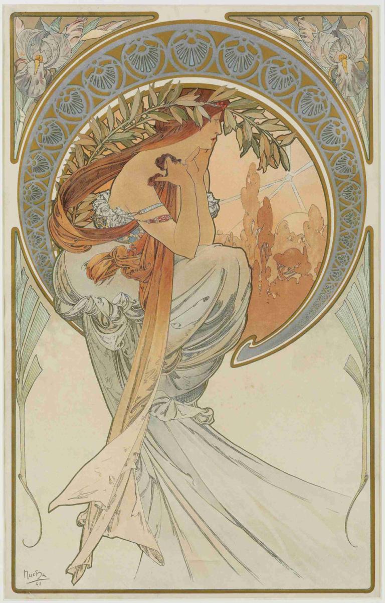 The Arts 4,Alphonse Mucha,Illustration,Illustration, 1girl, dress, long hair, solo, white dress, art nouveau