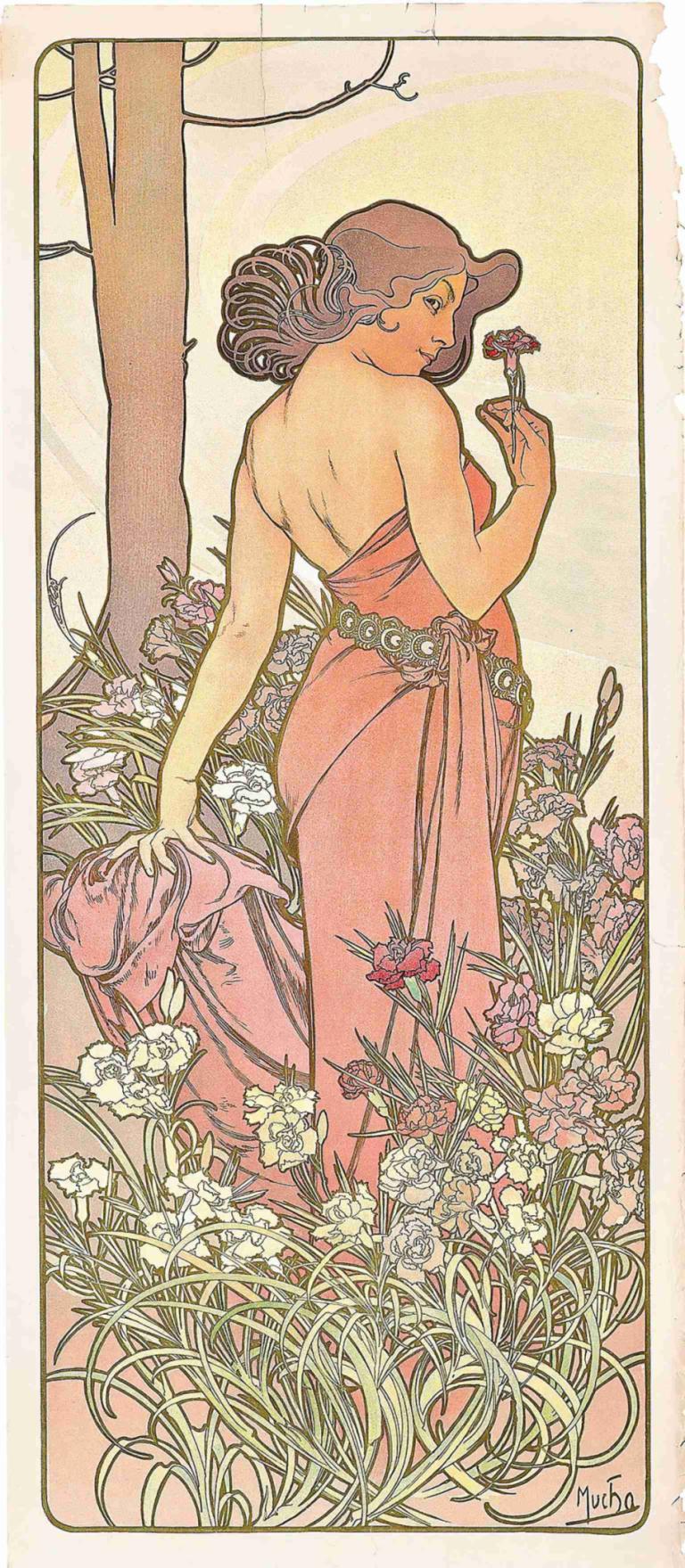 The Carnation,카네이션,Alphonse Mucha,알폰스 무하,일러스트레이션,일러스트레이션, 여자 1명, 독주, 꽃, 드레스, 빨간 꽃, 꽃을 들고, 갈색 머리, 핑크빛 옷, 식물