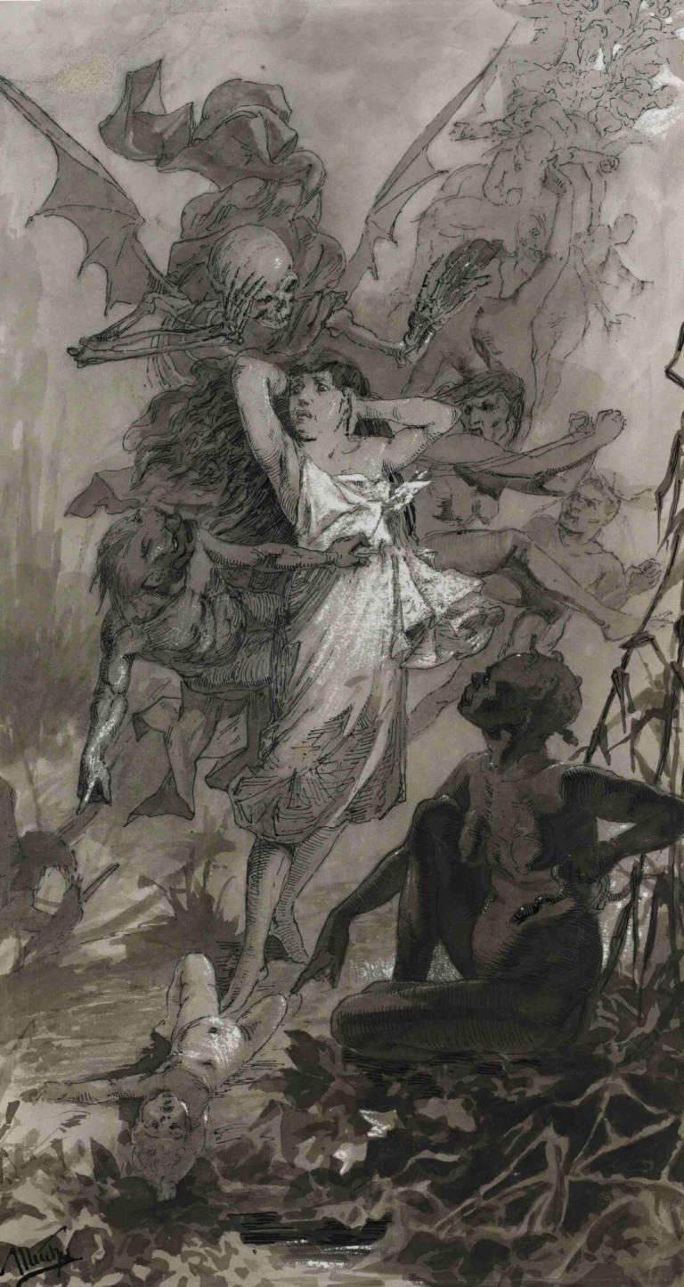 The Dance Of Death,죽음의 춤,Alphonse Mucha,알폰스 무하,스케치,스케치, 단색화, 날개, 보유, 무기, 여러 소년, 드레스, 여러 여자, 무기를 들고, 무기를 들고