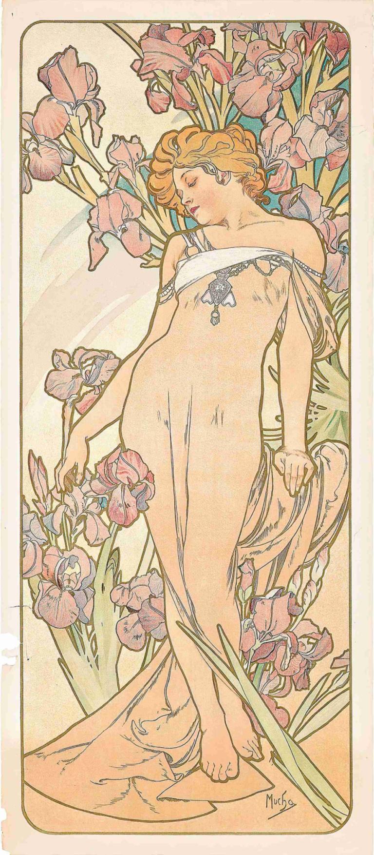 The Iris,Alphonse Mucha,Illustration,Illustration, solo, 1girl, flower, blonde hair, barefoot, short hair