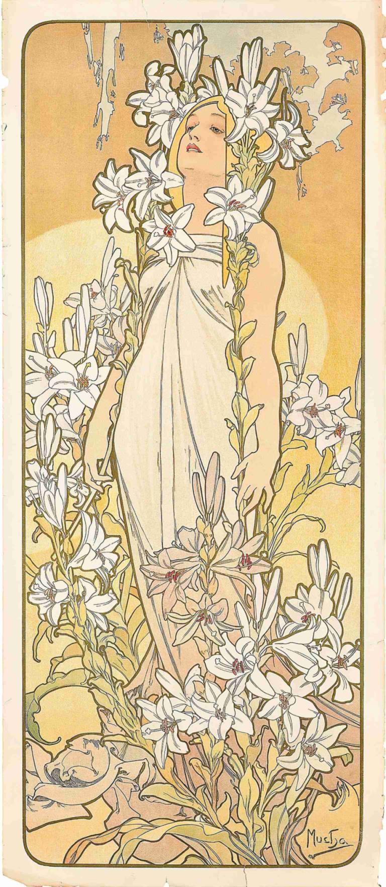 The Lily,더 릴리,Alphonse Mucha,알폰스 무하,일러스트레이션,일러스트레이션, 여자 1명, 꽃, 독주, 드레스, 흰 꽃, 하얀 드레스, 감긴 눈, 블론드 헤어, 식물, 소매 없는