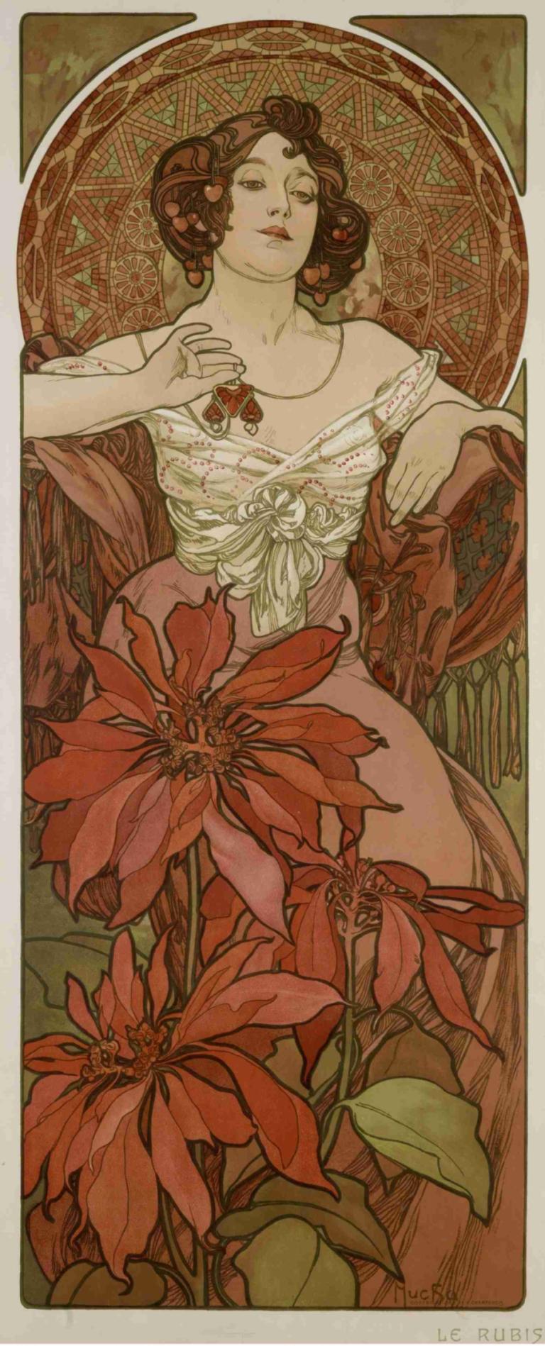 The Ruby,Alphonse Mucha,Illustration,Illustration, 1girl, flower, solo, jewelry, red flower, necklace