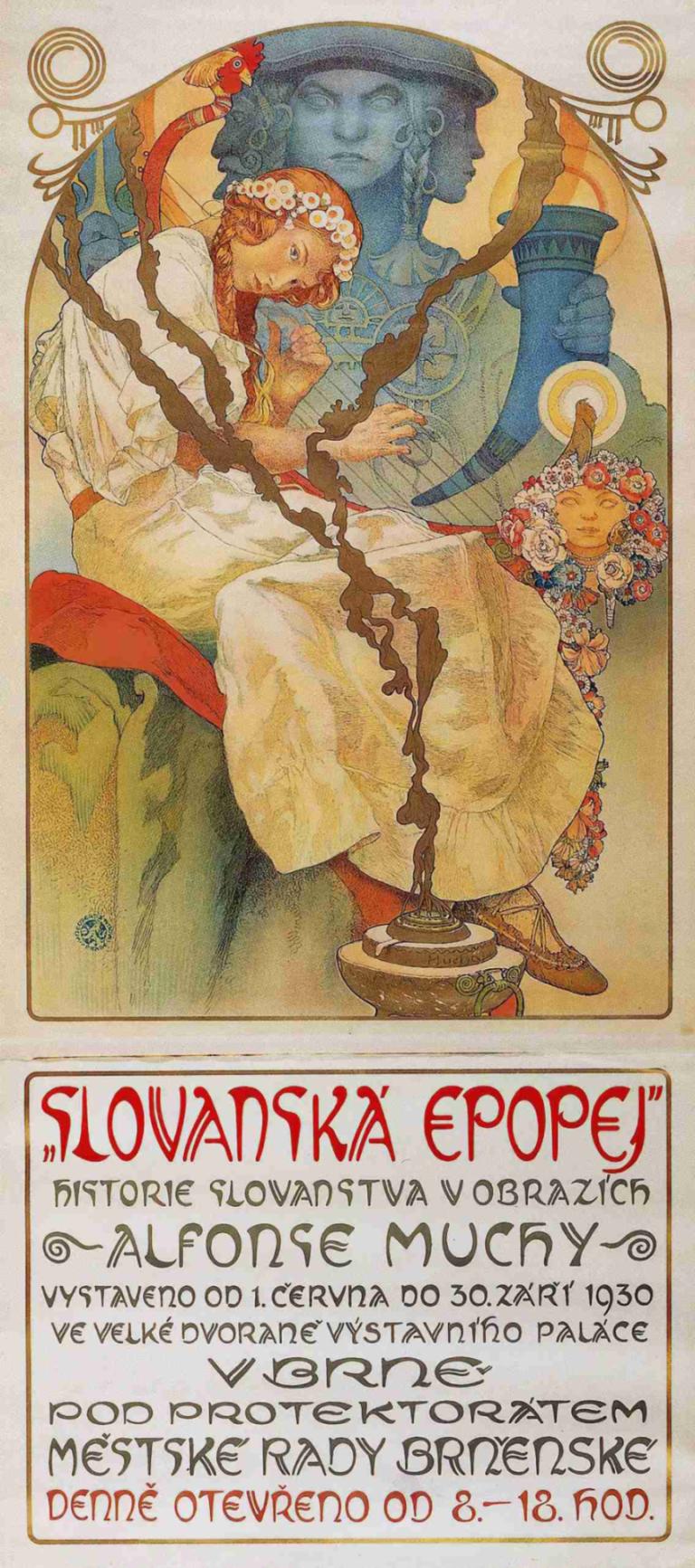 The Slav Epic 1930 exhibition poster,Alphonse Mucha,Illustration,Illustration, flower, art nouveau, 1boy