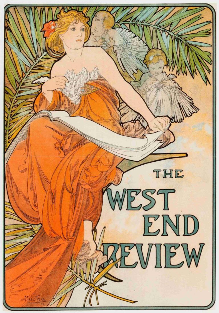 The West End Review,Alphonse Mucha,Illustration,Illustration, 1girl, blonde hair, solo, dress, flower