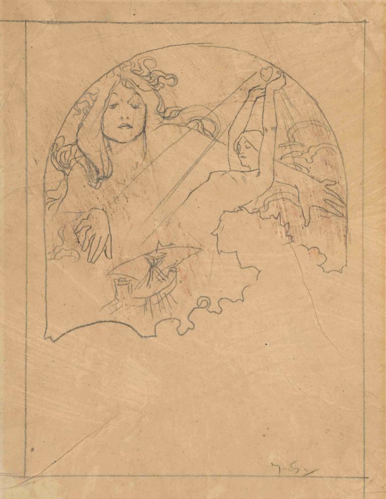 Two female figures,두 명의 여성 피규어,Alphonse Mucha,알폰스 무하,스케치,스케치, 단색화, 긴 머리, 감긴 눈, 여자 2명, 여러 여자, 여자 1명, 전통 미디어