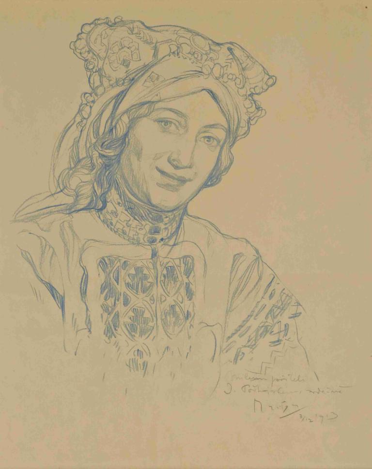 Young woman with folk headdress,Alphonse Mucha,Sketch,Sketch, solo, 1boy, smile, male focus, monochrome