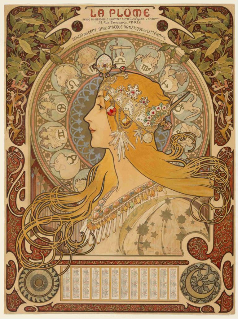 Zodiaque (La Plume),Alphonse Mucha,Illustration,Illustration, art nouveau, långt hår, 1 tjej, Smycken