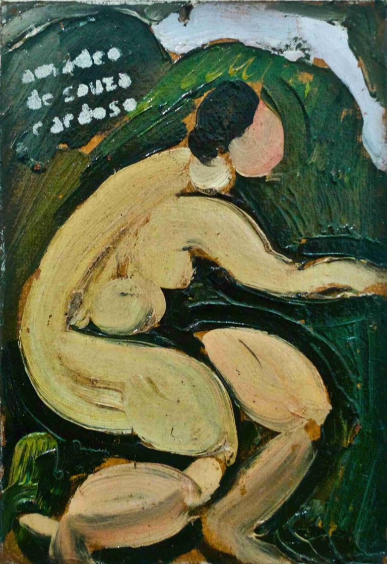 At Fresh Air Nude,Amadeo de Souza-Cardoso,Oil Painting,Oil Painting, nude, solo, black hair, 1girl, water