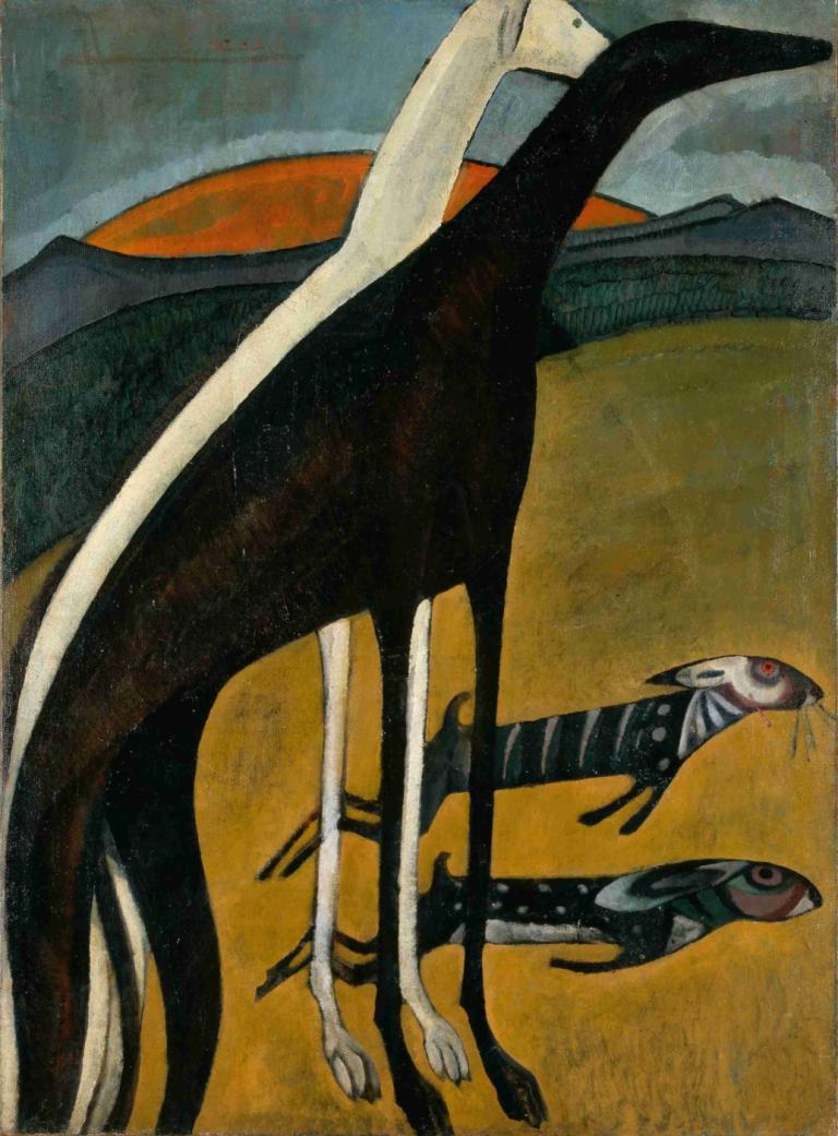 Greyhounds,グレイハウンド,Amadeo de Souza-Cardoso,アマデオ・デ・ソウザ＝カルドーソ,油絵,油絵, 赤い目, 人間がいない, 従来のメディア, 屋外, 超現実的な, 美術パロディ