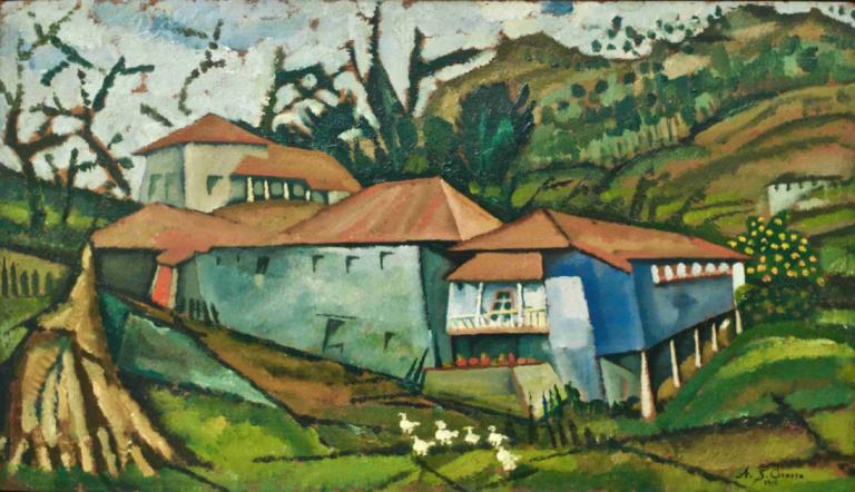 Small River House,Pequeña casa del río,Amadeo de Souza-Cardoso,Pintura al óleo,Pintura al óleo, árbol