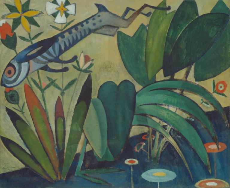 The Leap of the Rabbit,Amadeo de Souza-Cardoso,Oil Painting,Oil Painting, flower, no humans, plant, lily pad