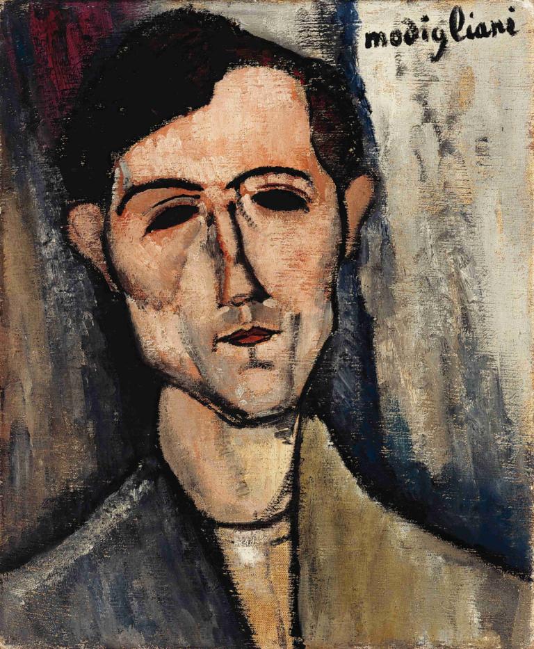 A Man,Amedeo Modigliani,Oil Painting,Oil Painting, 1boy, solo, male focus, black hair, traditional media