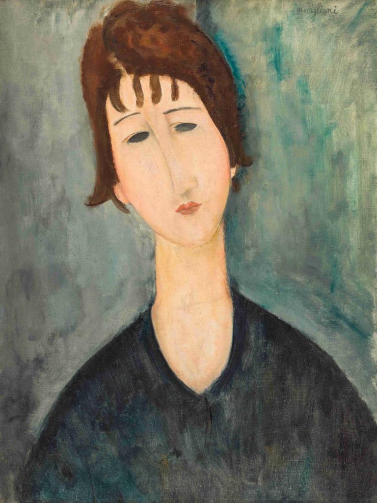 A Woman,一个女人,Amedeo Modigliani,阿梅迪奥-莫迪里阿尼,油画,油画, 1个女孩, 独奏, 棕色的头发, 短发, 传统媒体, 头部倾斜, 黑色衬衫, 黑眼睛, 衬衫, 上半身, 看着观众