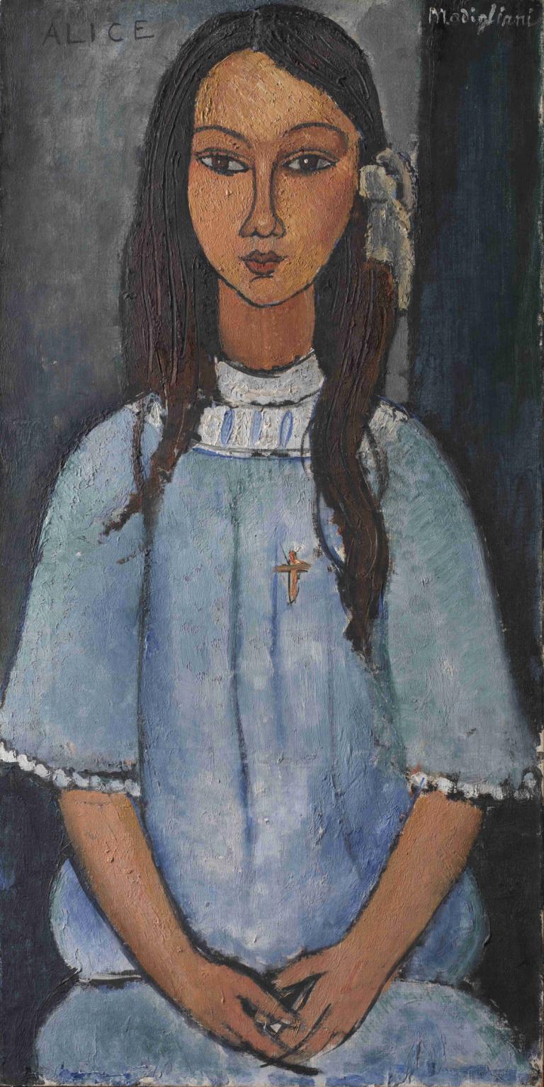 Alice,Amedeo Modigliani,Oil Painting,Oil Painting, 1girl, solo, cross, long hair, traditional media, jewelry