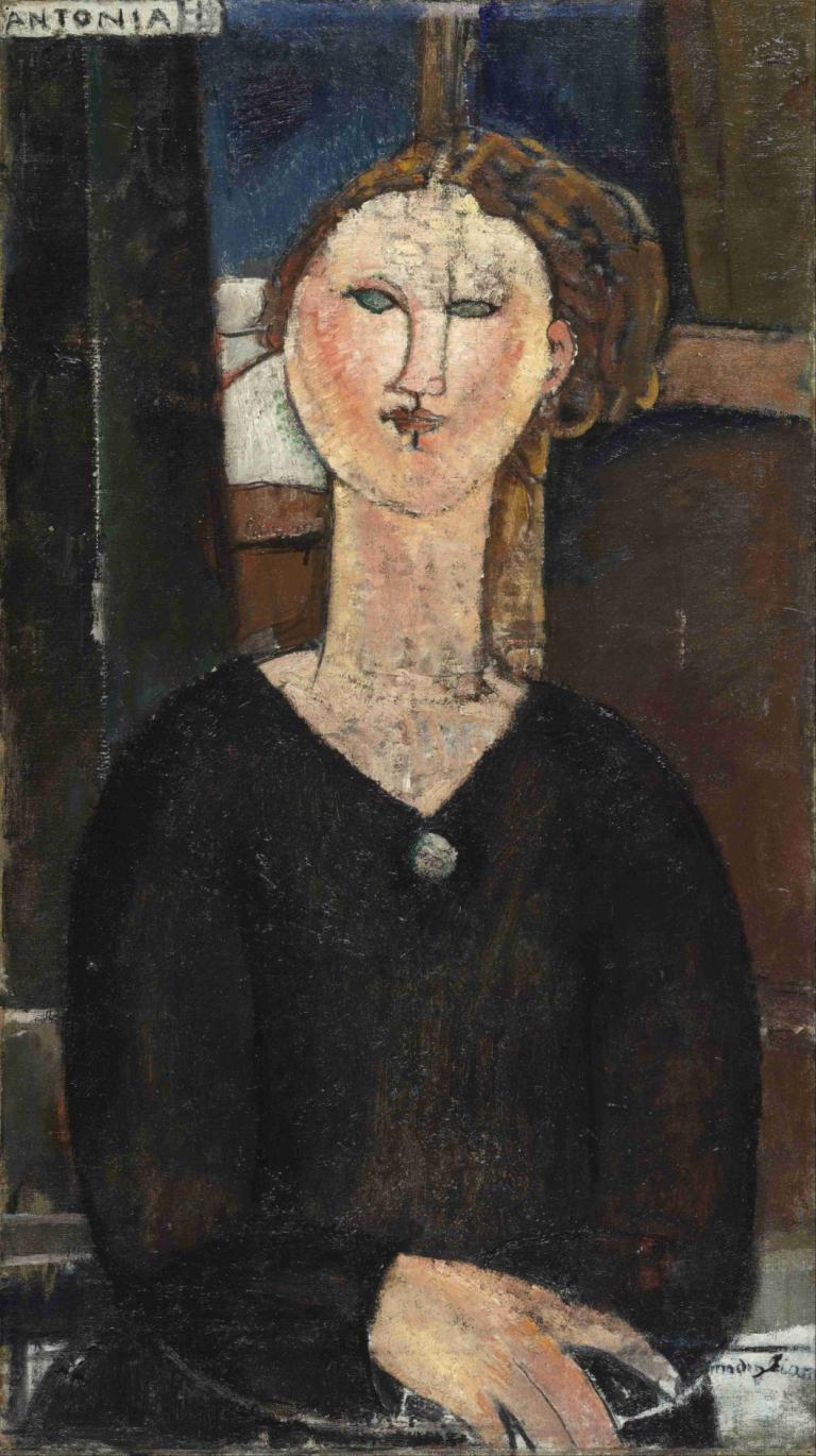 Antonia,Amedeo Modigliani,Oil Painting,Oil Painting, 1girl, solo, brown hair, traditional media, jewelry