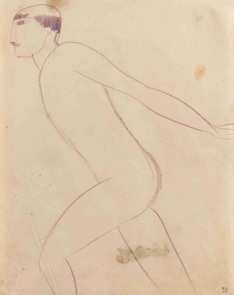 Athlète De Foire Ou De Cirque De Profil,Amedeo Modigliani,Sketch,Sketch, solo, nude, 1boy, male focus