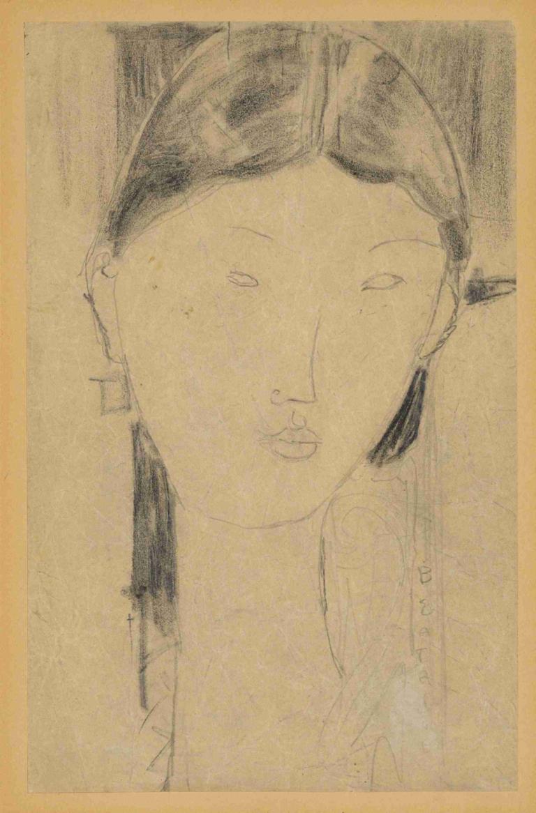 Beatrice Hastings,Amedeo Modigliani,Sketch,Sketch, 1girl, solo, earrings, jewelry, monochrome, sketch