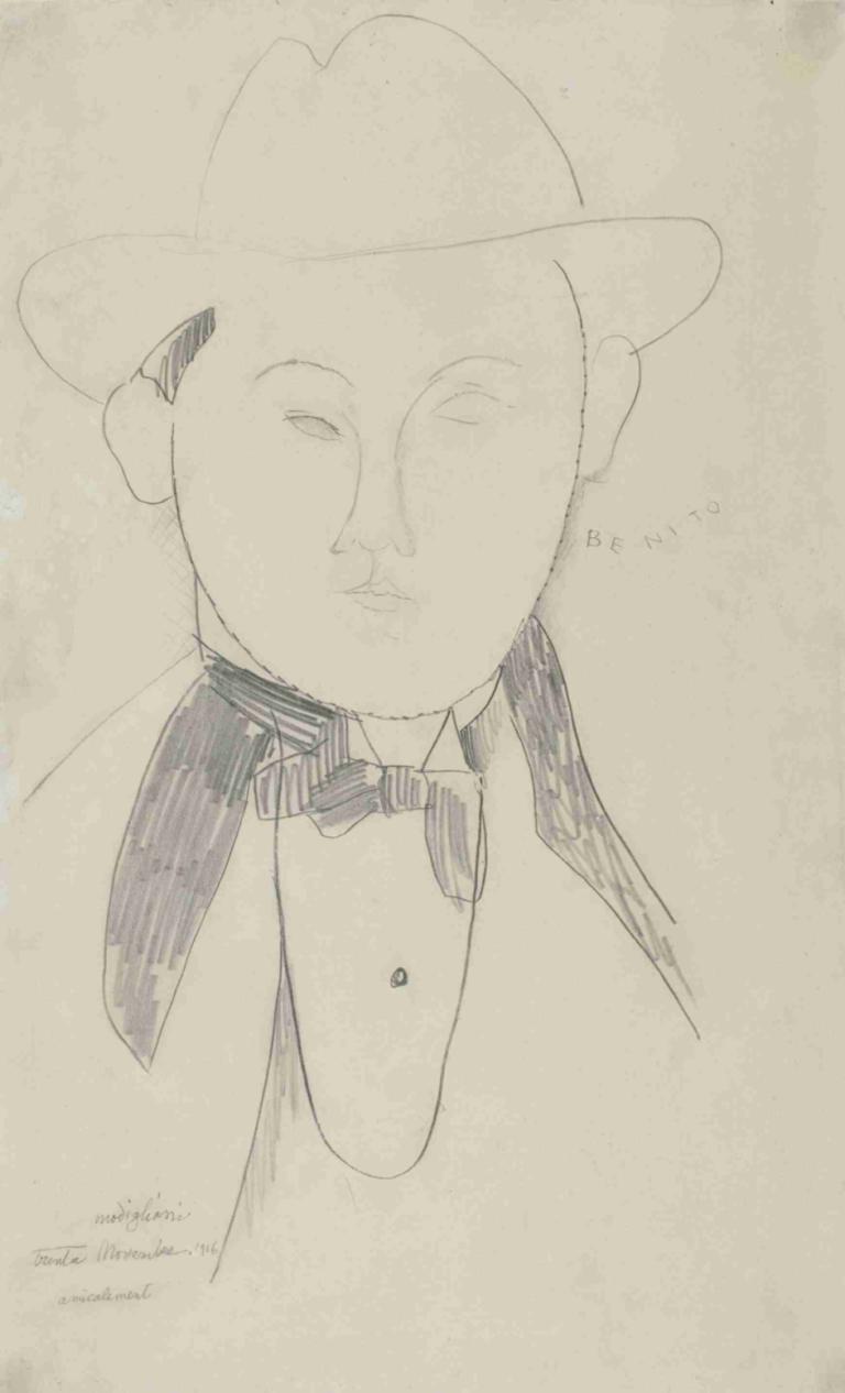 Benito,Amedeo Modigliani,Sketch,Sketch, solo, hat, monochrome, bow, 1boy, bowtie, male focus, sketch