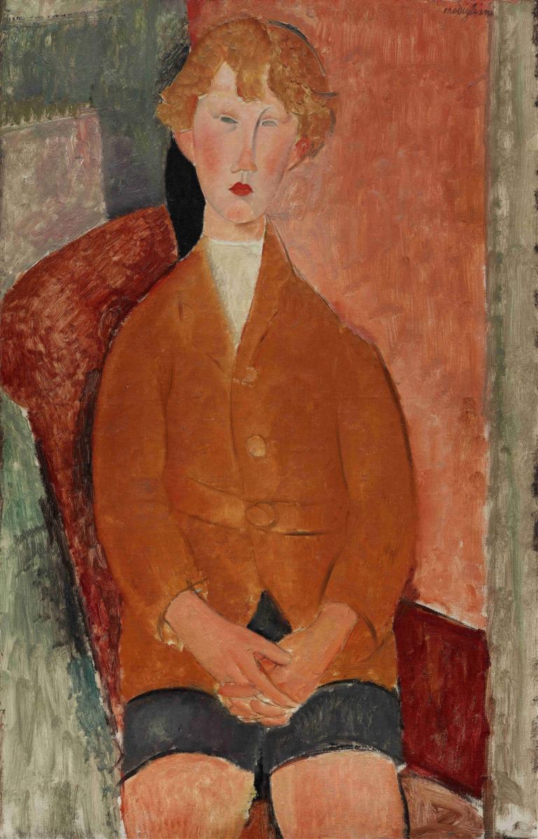 Boy in Short Pants,半ズボンの少年,Amedeo Modigliani,アメデオ・モディリアーニ,油絵,油絵, ソロ, 男の子1名, 座っている, 男性の焦点, ショートパンツ, ショートヘア