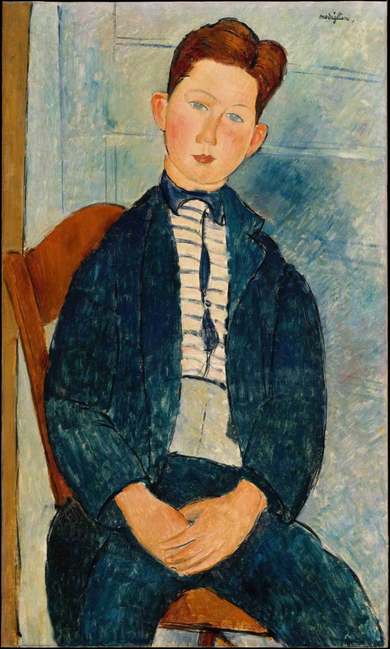 Boy in a Striped Sweater,ストライプのセーターを着た少年,Amedeo Modigliani,アメデオ・モディリアーニ,油絵,油絵, ソロ, 座っている, 茶髪, 椅子, シャツ