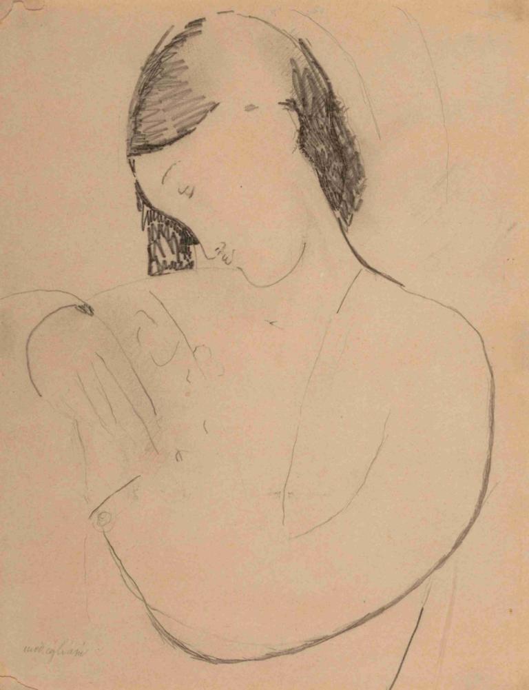 Busta di donna con testa di profile,Amedeo Modigliani,Sketch,Sketch, 1girl, sketch, solo, monochrome, nude