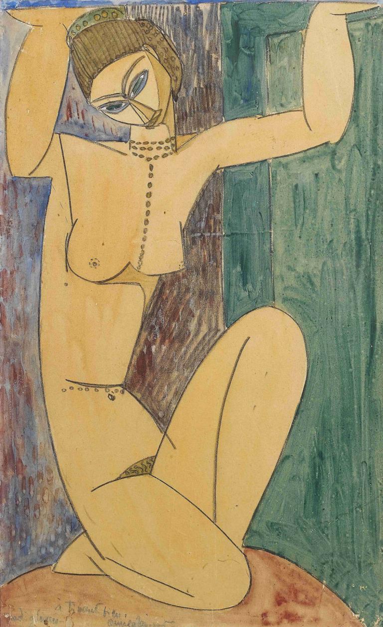 Cariatide,Amedeo Modigliani,Oil Painting,Oil Painting, 1girl, solo, nipples, nude, breasts, fine art parody