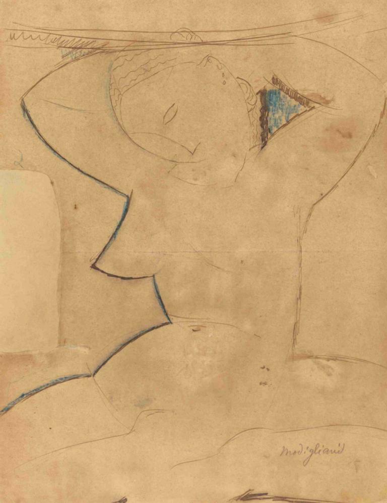 Caryatide au Sein Pointu (Caryatid with Pointed Breast),Amedeo Modigliani,Sketch,Sketch, solo, 1girl, arms up