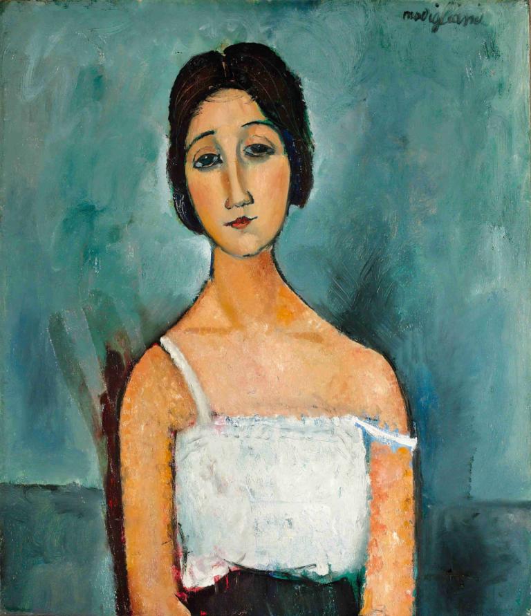 Christina,クリスティーナ,Amedeo Modigliani,アメデオ・モディリアーニ,油絵,油絵, 1女の子, ソロ, ストラップスリップ, 従来のメディア, 黒髪, ショートヘア, 絵画（中）, 上半身