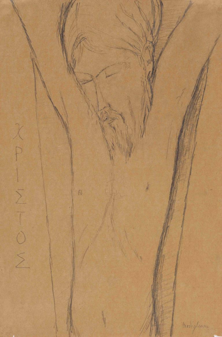 Christus,Amedeo Modigliani,Sketch,Sketch, solo, male focus, 1boy, monochrome, closed eyes, arms up, nude