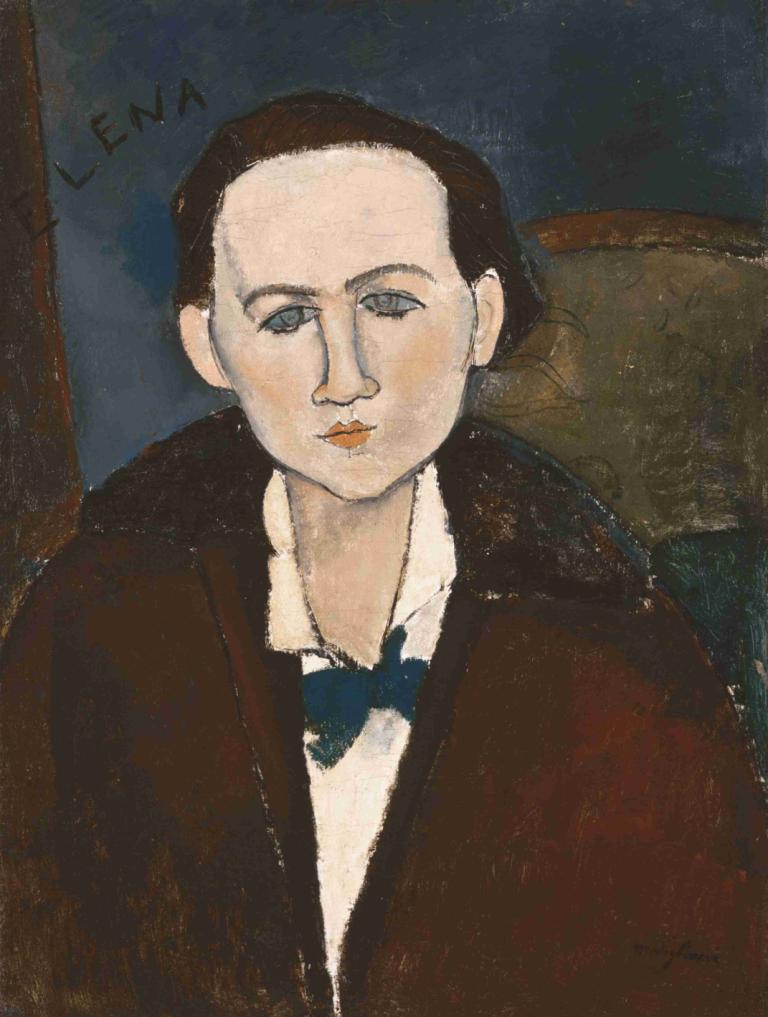 Elena Povolozky,Amedeo Modigliani,Oil Painting,Oil Painting, solo, 1girl, bow, bowtie, black hair