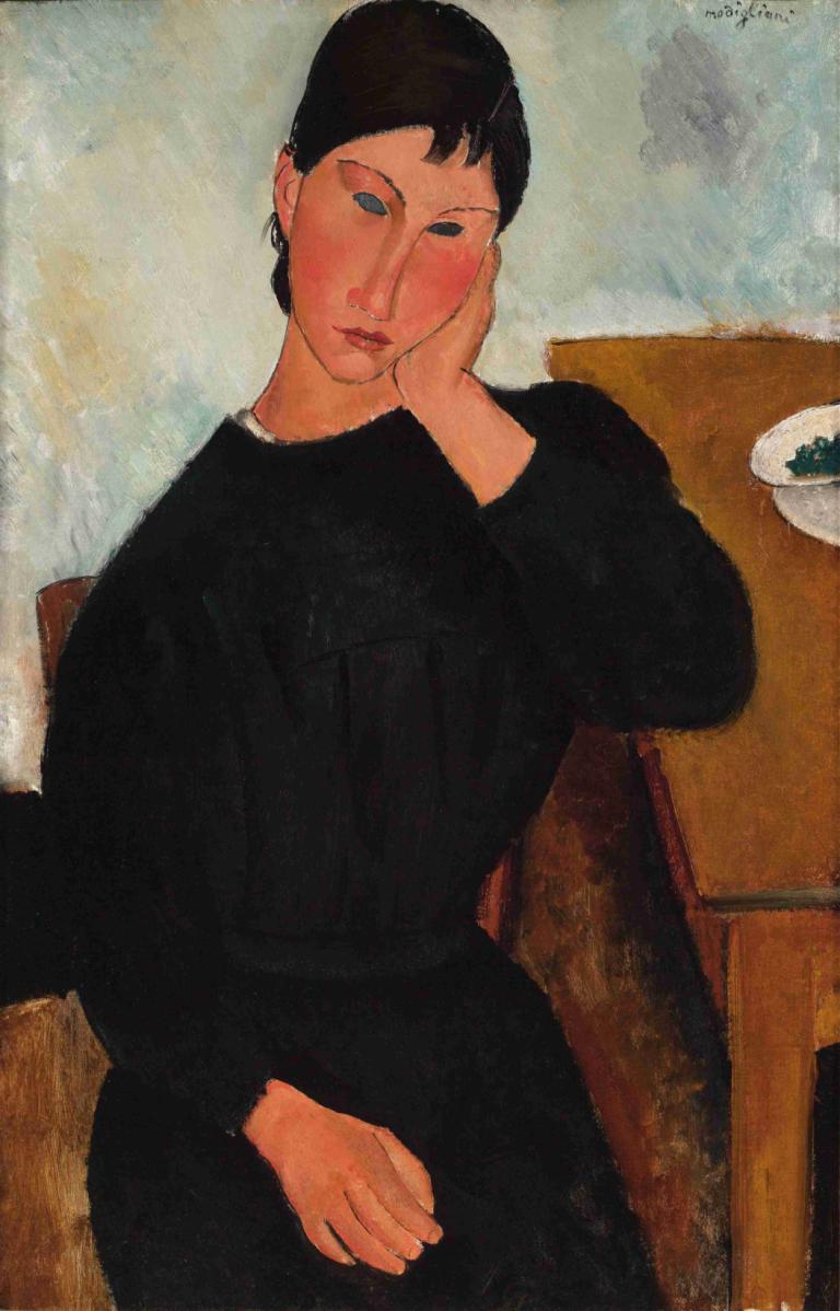 Elvira Resting at a Table,Amedeo Modigliani,Oil Painting,Oil Painting, 1girl, solo, black hair, sitting