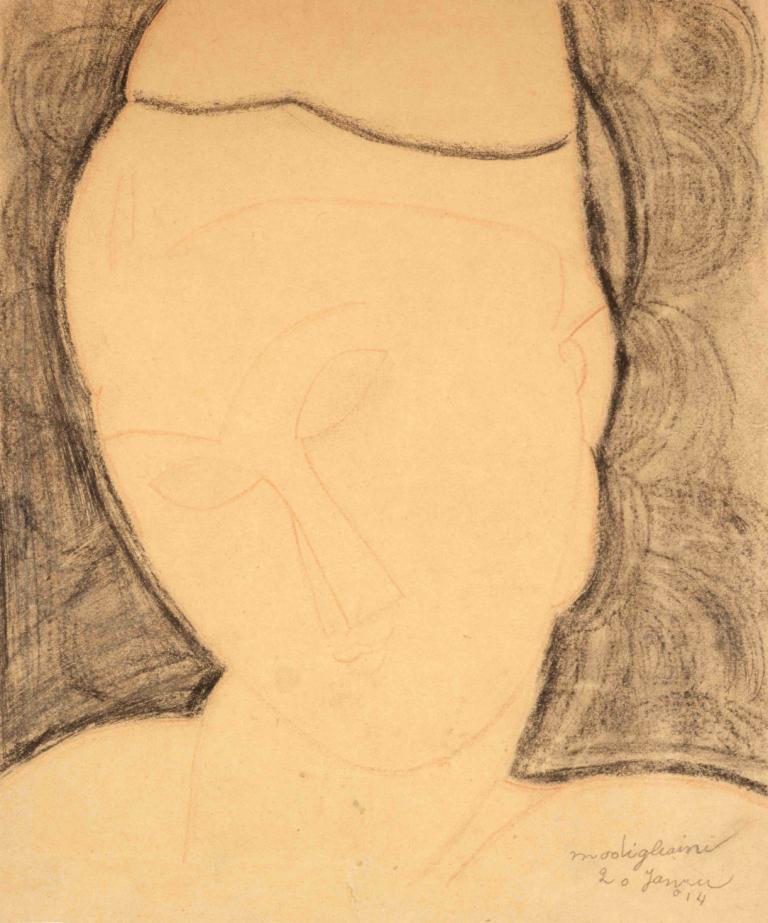 Frontaler Frauenkopf, nach links geneigt,Amedeo Modigliani,Sketch,Sketch, solo, 1girl, sketch, monochrome