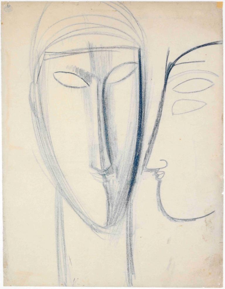 Frontales langes Gesicht und Kopf im Profil,Visage long de face et tête de profil,Amedeo Modigliani,Croquis