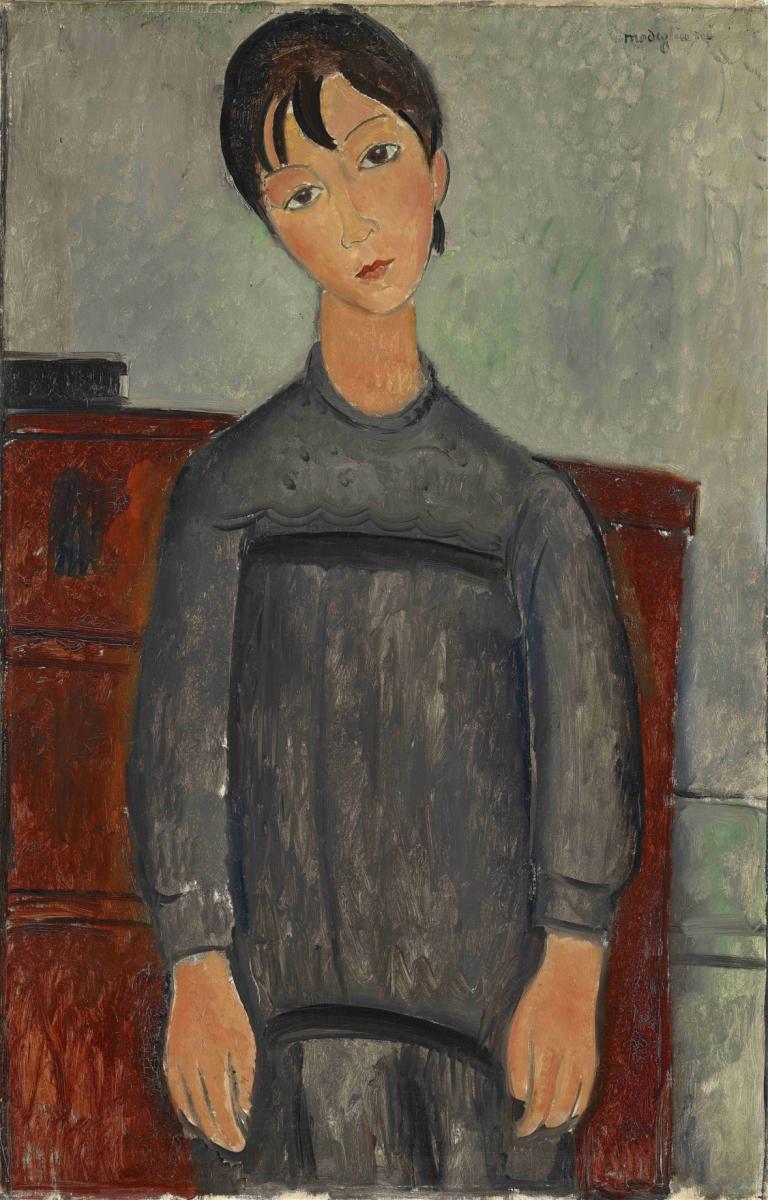 Girl Standing In Black Pinafore,Amedeo Modigliani,Oil Painting,Oil Painting, 1girl, solo, head tilt