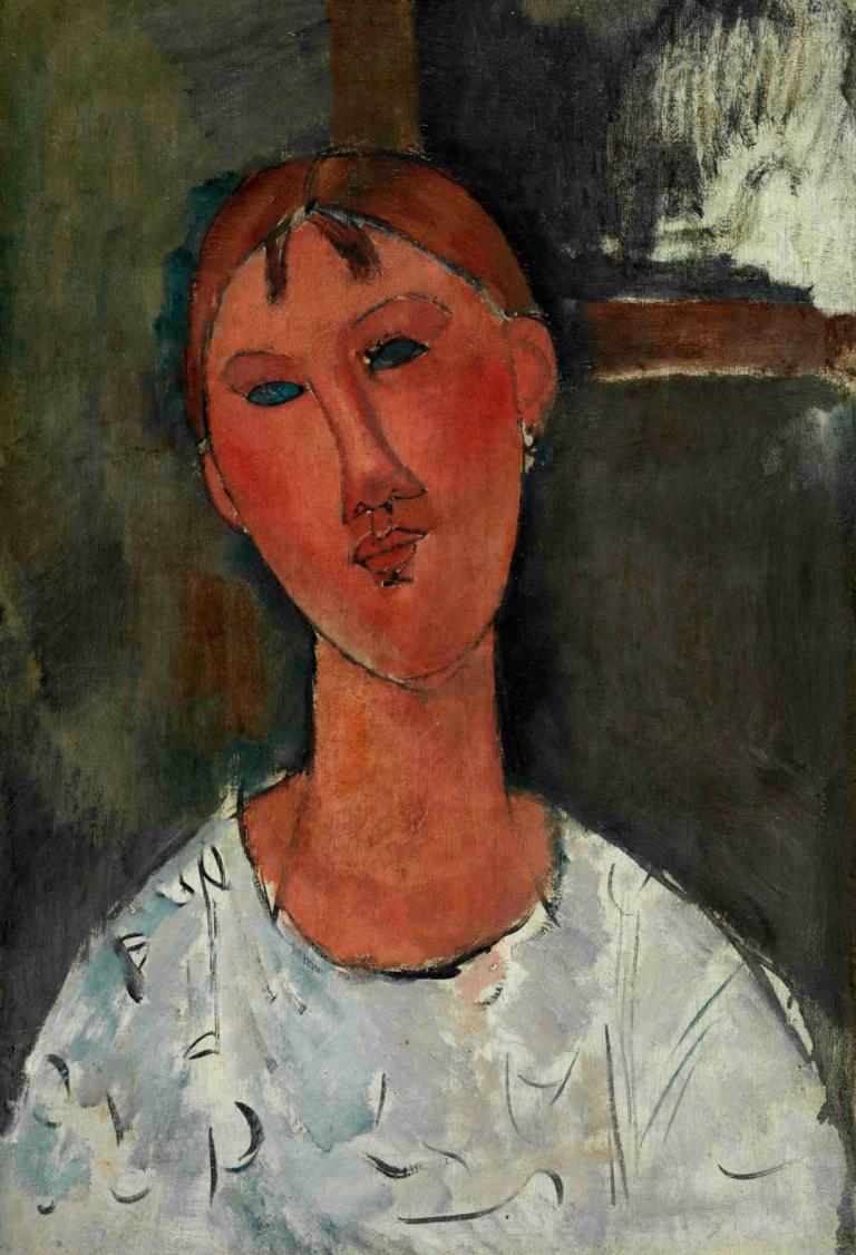 Girl in a White Blouse,Amedeo Modigliani,Oil Painting,Oil Painting, solo, shirt, traditional media, piercing