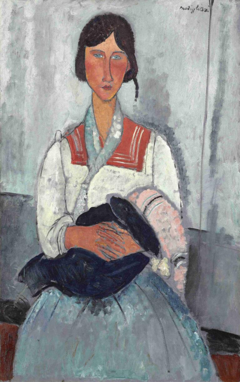 Gypsy Woman with Baby,Amedeo Modigliani,Oil Painting,Oil Painting, 1girl, solo, black hair, traditional media