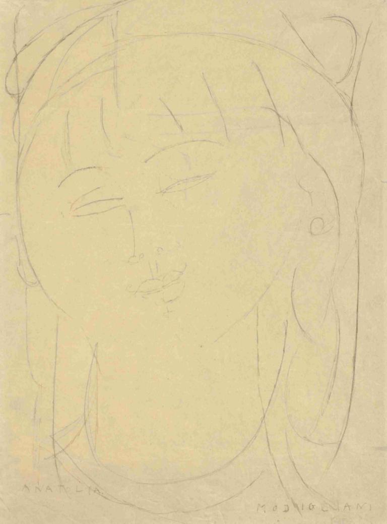 Head of Anatolia,Amedeo Modigliani,Sketch,Sketch, monochrome, 1girl, solo, sketch, earrings, traditional media