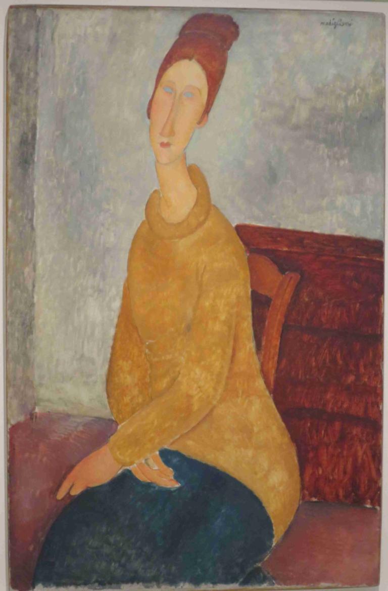 Jeanne Hébuterne in yellow sweater,Amedeo Modigliani,Oil Painting,Oil Painting, 1girl, solo, sweater, sitting