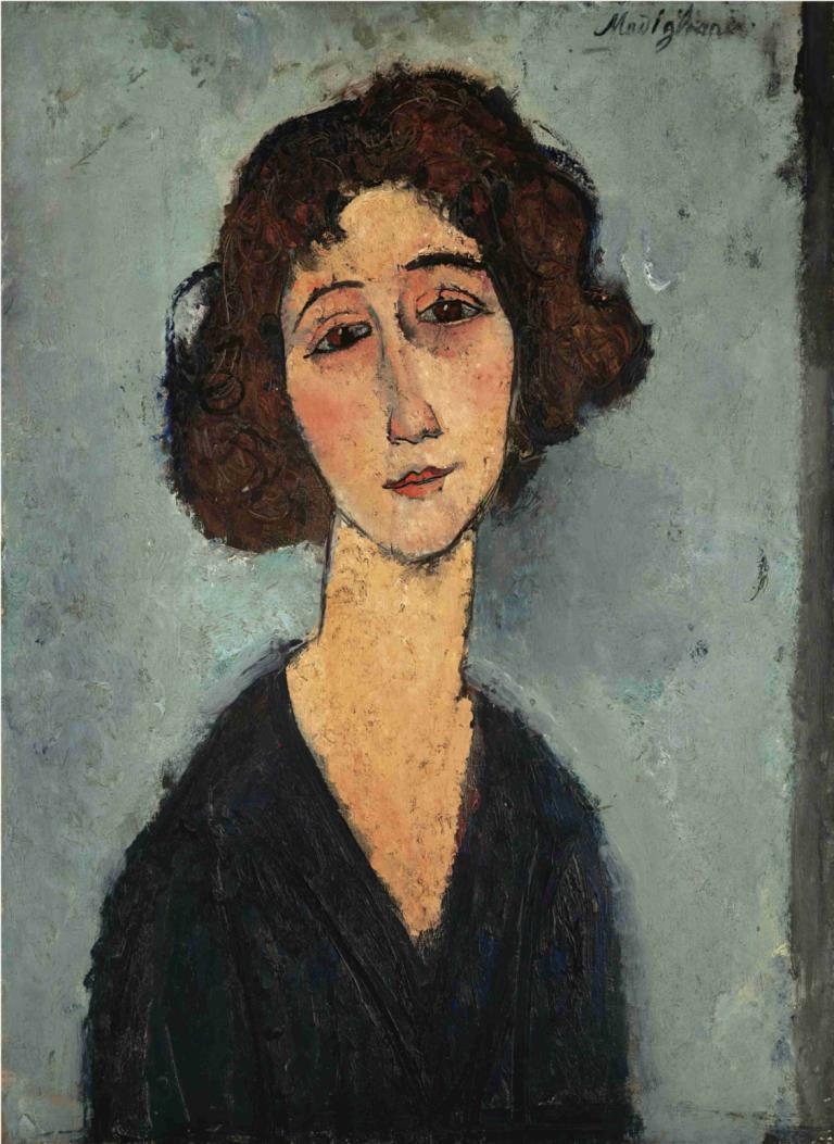 Jeune Femme,Amedeo Modigliani,Oil Painting,Oil Painting, 1girl, solo, traditional media, brown hair