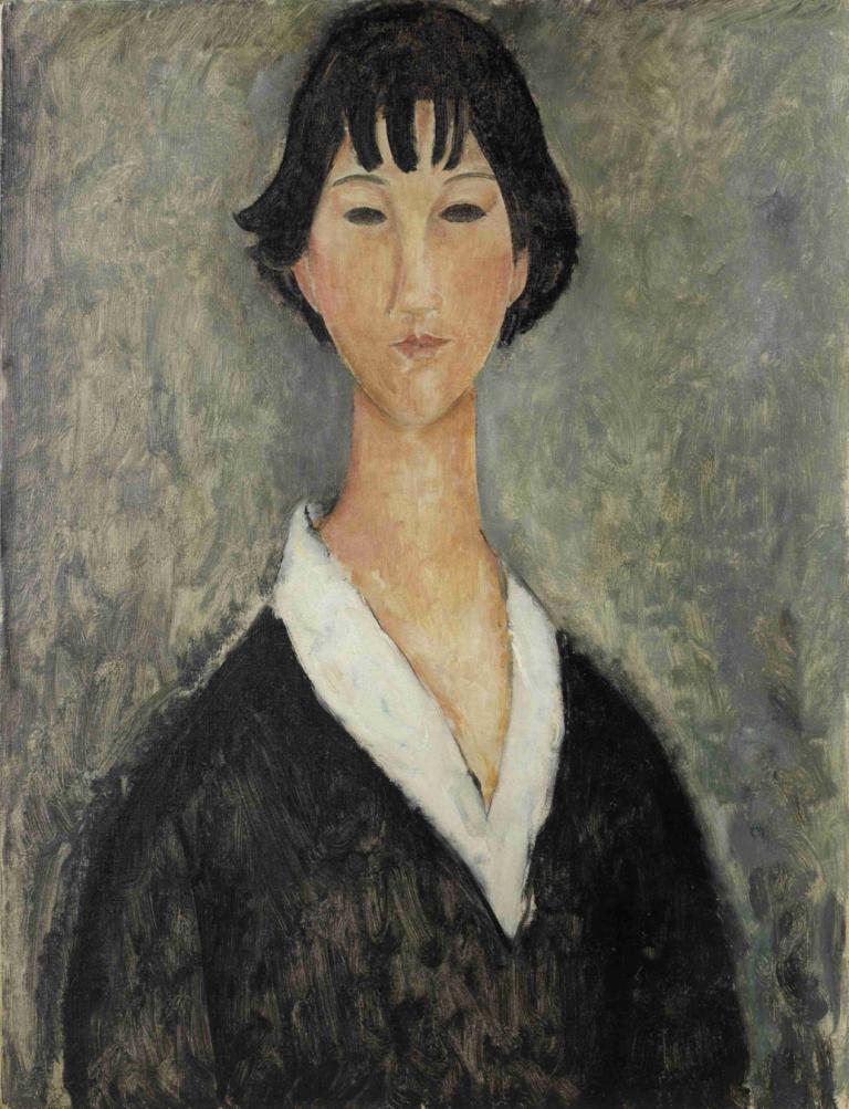 Jeune Fille Aux Cheveux Noirs,黑发女孩,Amedeo Modigliani,阿梅迪奥-莫迪里阿尼,油画,油画, 1个女孩, 独奏, 黑发, 短发, 传统媒体, 上半身, 绘画（中）